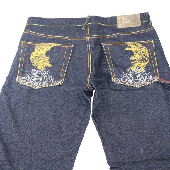 The Year Of Jeans Mens Sz 34 Raw Denim Japan Selvedge Button Fly Embroidered - Picture 4 of 16